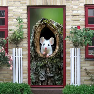 2pcs Cute White Mouse Tree Stump Hole Wall Sticker Cartoon Animal Decoration for Kids Room Bedroom Living Room Self Adhesive Removable Wall Decal Home Wall Decor Creative Pet Sticker Art