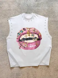 Unisex Fitted Sleeveless Casual Tank Tops, Lip Crossbone Graphic Print + Stud Design, Fitness Athletic Streetwear, All Seasons, Trendy and Comfortable