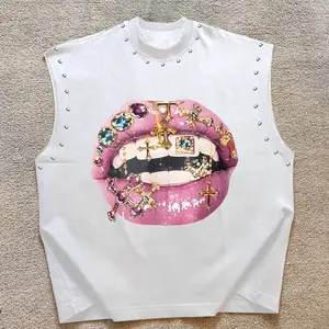 Unisex Fitted Sleeveless Casual Tank Tops, Lip Crossbone Print + Stud Design, Fitness Athletic Streetwear, All Seasons, Trendy and Comfortable