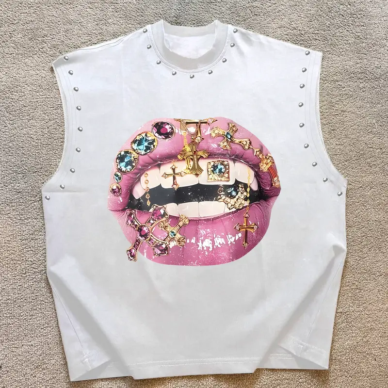 Unisex Comfortable Sleeveless Casual Loose Oversized Baggy Tank Tops, Lip Crossbone Graphic Print and Stud Design, Fitness Gym Athletic Streetwear