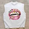 Unisex Comfortable Sleeveless Casual Loose Oversized Baggy Tank Tops, Lip Crossbone Graphic Print and Stud Design, Fitness Gym Athletic Streetwear