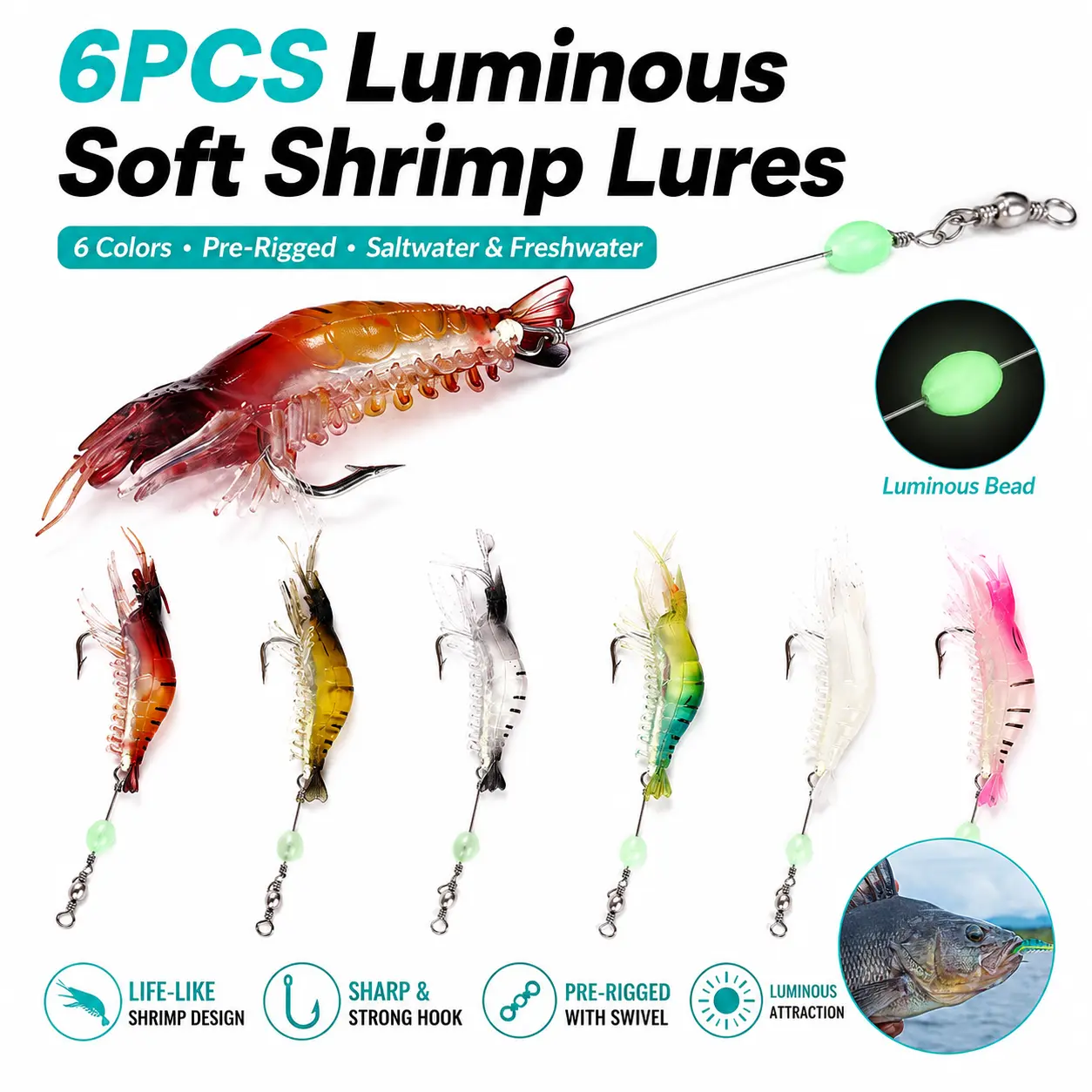 6PCS/12PCS Pre-Rigged Soft Shrimp Fishing Lures with Luminous Bead, Lifelike Artificial Shrimp Bait for Saltwater & Freshwater, Redfish, Trout, Flounder, Snook & Bass