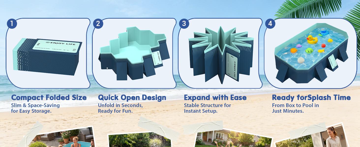 113" Foldable Family Pool | No Inflation Needed | Large Portable Pool for Kids & Adults | Perfect for Backyard Summer Fun