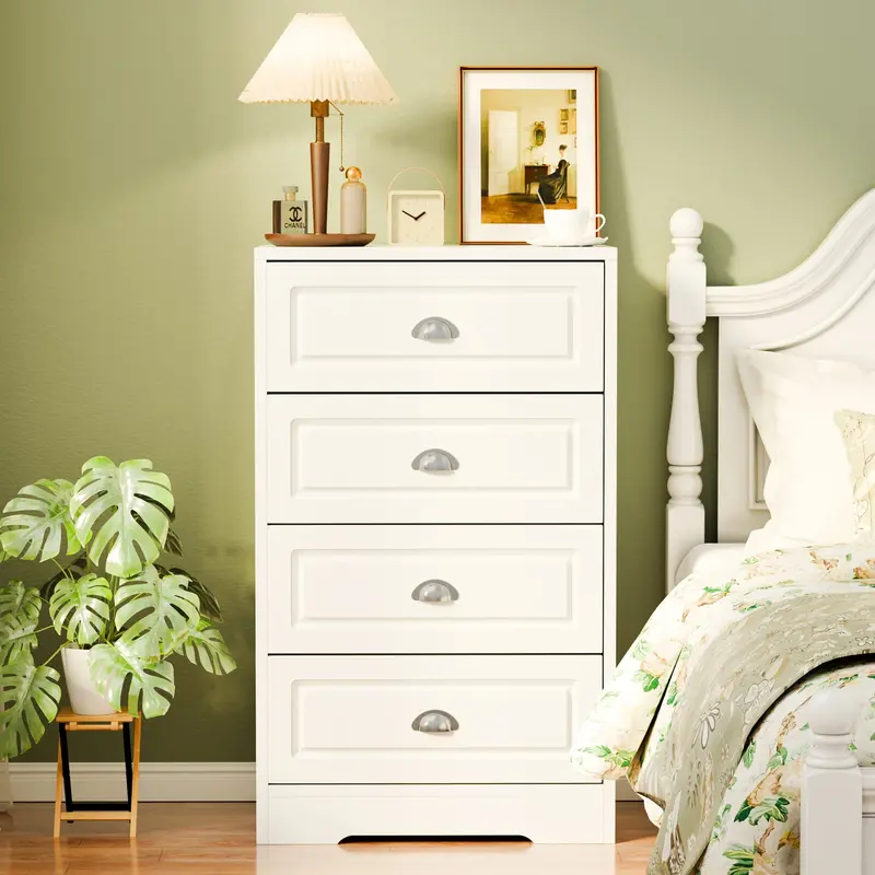 Walsunny 4 Drawers Dresser for Bedroom, Wood Farmhouse Drawer Chest, Tall Cabinet Furniture, Clothes Organizer for Aesthetic Hallway, White