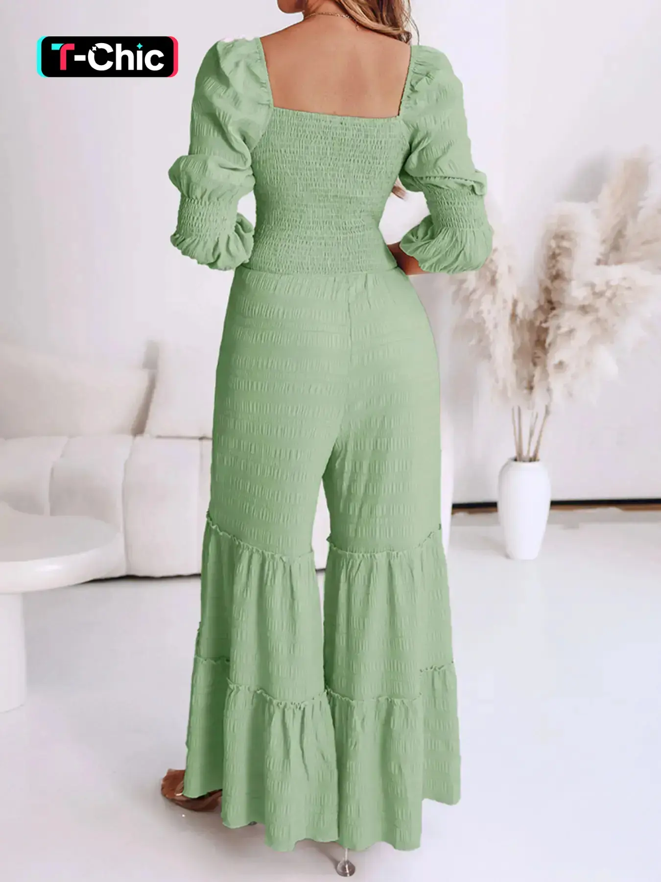 Fashionable Women's Aesthetic Solid Square Neck Drawstring Bubble Long Sleeve Wide Leg Jumpsuit, Stylish Casual One-Piece, Perfect for Daily Wear