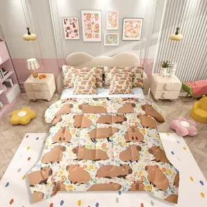 Cartoon Capybaras Bedding Set,7 Piece Capybara Bed in A Bag with Sheets Funny Animals Print Comforter Set for Kids Adults,Yellow Orange Floral Bed Sets