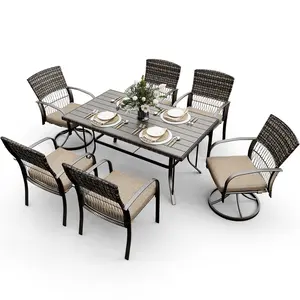 【Springtok】Pamapic 7 Piece Outdoor Dining Set with Iron Table, 4 Swivel Deck Chairs, 2 Wicker Chairs & Removable Cushions for Backyard Use