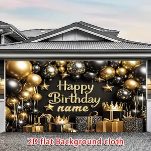 1PC,2D Flat Backdrop Black and Gold Themed Birthday Decor Backdrop, Party Scene Decoration with Balloons, Gifts, Crown Elements, Personalized Name Customization, Suitable for Birthday Party Festival Celebration Background Wall Dec