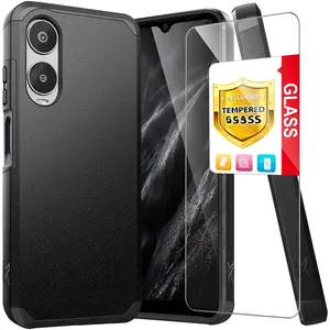 Compatible with Cricket Icon 6 (SL219C) Case, AT&T Verge (SL219A) Case, with Tempered Glass Screen Protector, Dual Layer Hybrid  Support Shockproof Heavy Duty Protection Phone Case (Black)