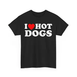 Cotton Knit Fabric Shortsleeve Round Neck T-Shirt - "I Love Hot Dogs" Design, Valentine's Day Gift for Hot Dog Lovers, Casual Sports Top