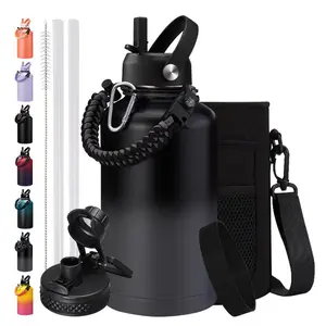 64 oz Half Gallon Insulated Water Bottle with Straw Keep Ice Cold-48H & Hot-24H, 64 oz Metal Insulated Water Jug with Paracord Handle, Sleeve, Protective Boot