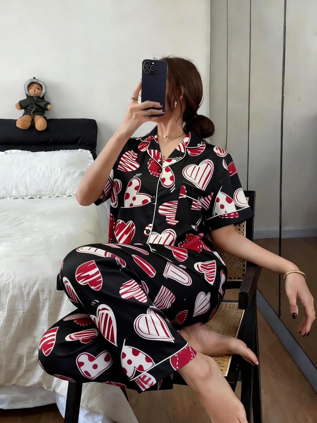 Spring Summer New Valentine's Day Heart Printed Women's Pajama Set, Elastic Fabric Breathable Comfort, Indoor Outdoor Wear, Casual Homewear Loungewear Two-Piece