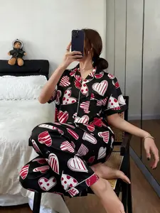 Spring Summer New Valentine's Day Printed Women's Pajama Set, Elastic Fabric Breathable Comfort, Indoor Outdoor Wear, Casual Homewear Two-Piece