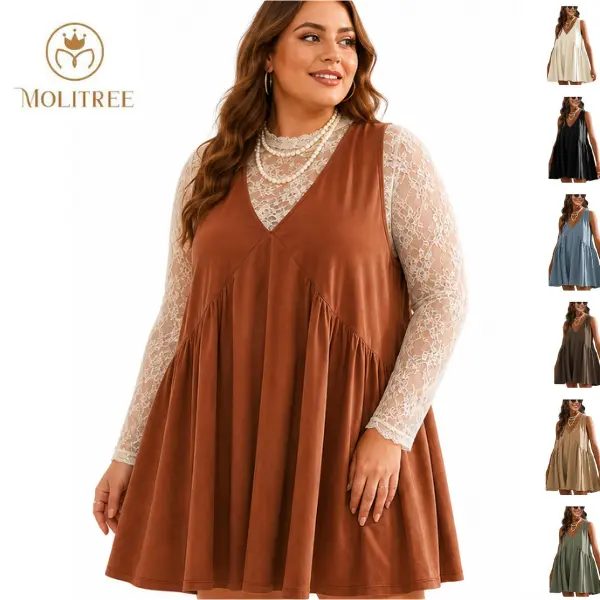 Molitree Women's Plus-Size V-Neck A-Line Mini Sundress - Loose, Sleeveless, Above-Knee, Swing, Casual with 2 Side Pockets - Minimalist Basic Outfits for Summer Women's Clothes Plus Size Fashion