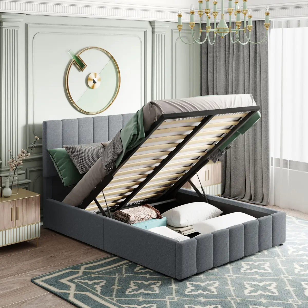 Full Size Upholstered Plywood Bed Frame with Hydraulic Storage System - Gray, Upholstered Bed Frames, Plywood Bed Frames
