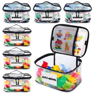 Clear Toy Storage Bag with Name Tag & Manual Pocket, Waterproof Transparent PVC Organizer for Lego Bricks, Board Games, Building Blocks, Puzzles, Zipper Pouches