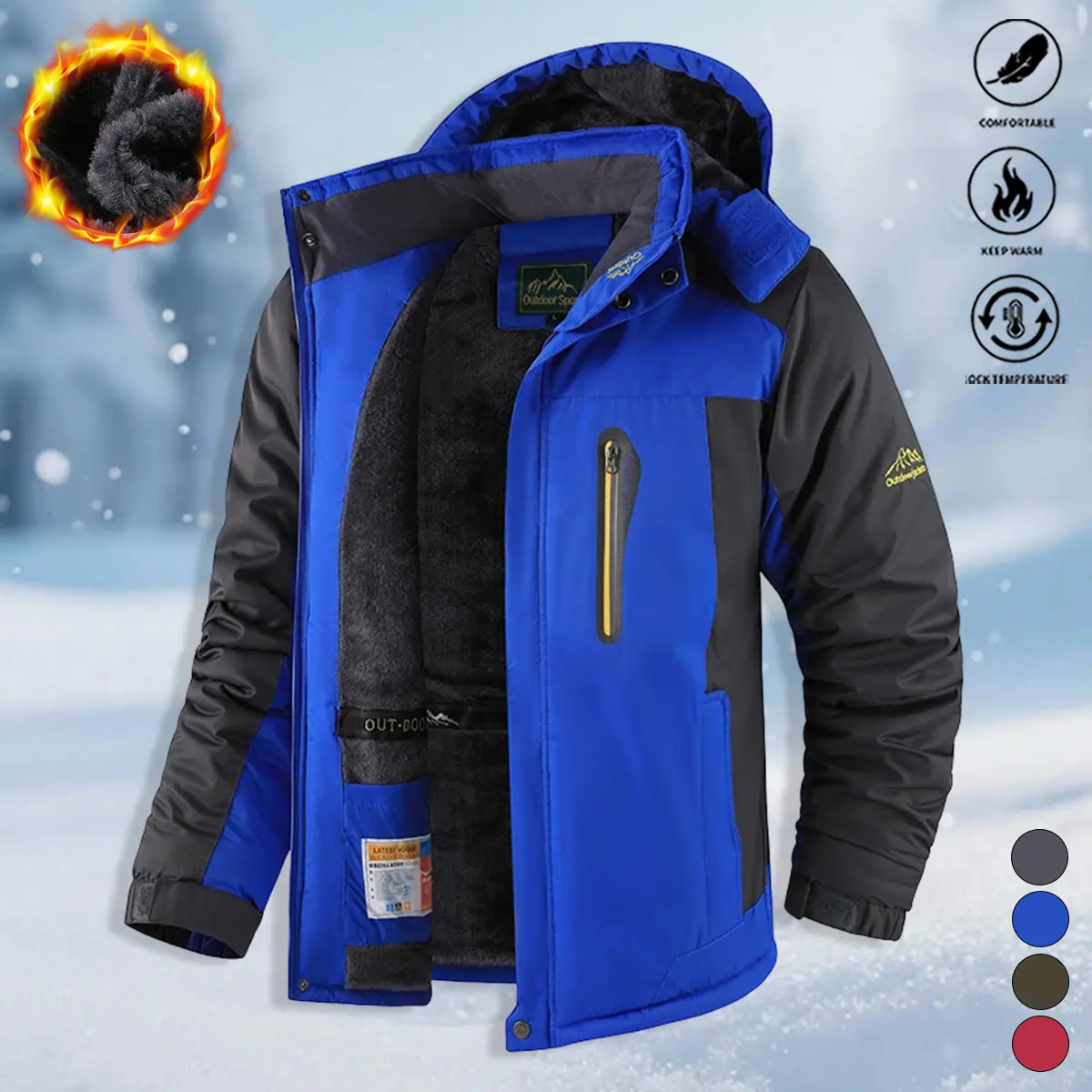 JOGWAVE Men’s Slim-Fit Winter Waterproof High-Neck Windproof Jackets & Coats - Detachable Hood, Warm Fleece Lining, Multi-Pocket Design, Windproof Zipper, Suitable for Skiing, Hiking, Fishing