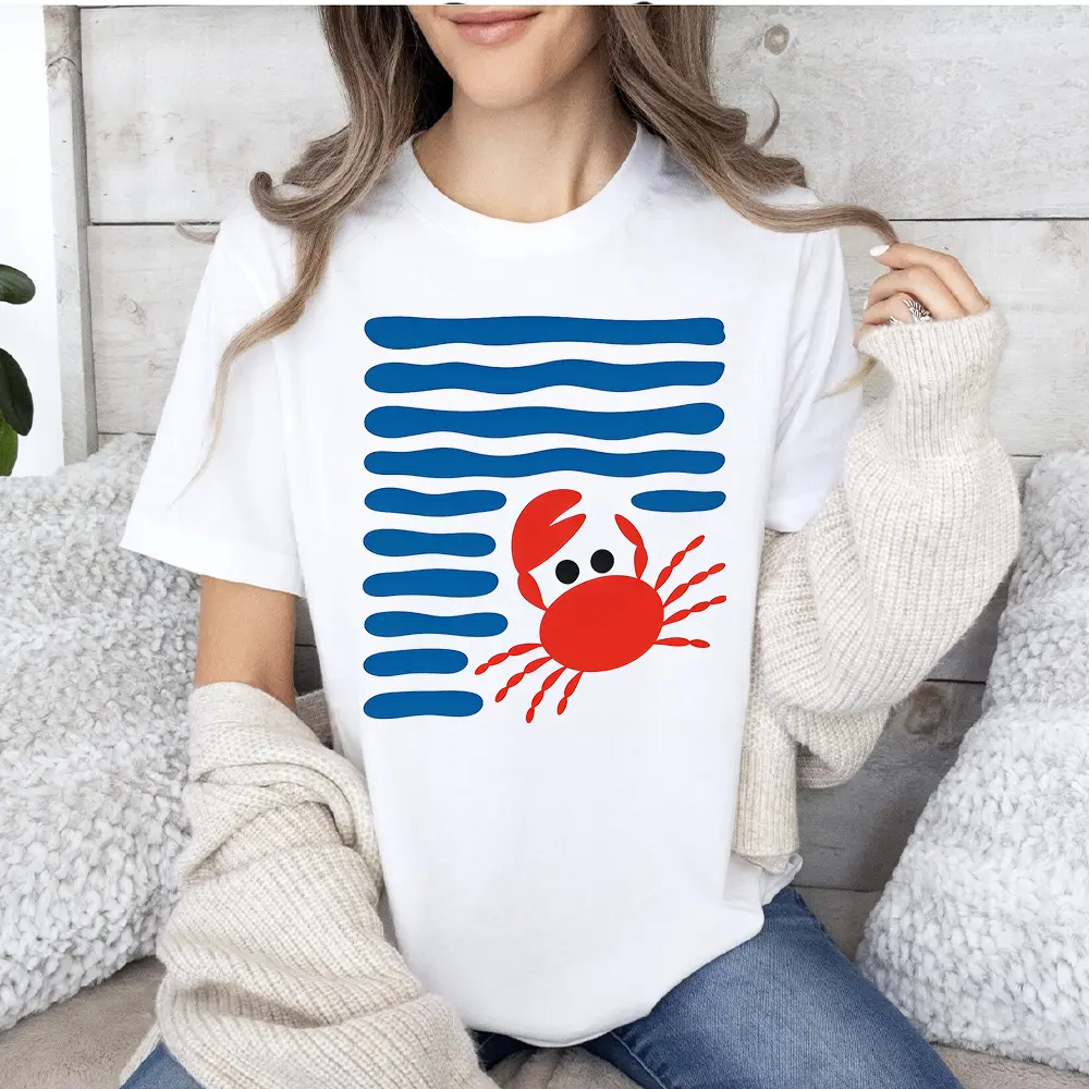 Women's White Cotton Seamless Long-Sleeve Tshirt - Red Crab Graphics, Blue Stripes, Round Neck, Asymmetrical Hem, Regular Fit, Smooth Soft Solid Fabric, Machine-Washable Casual Beachwear Top for Spring Summer Fall