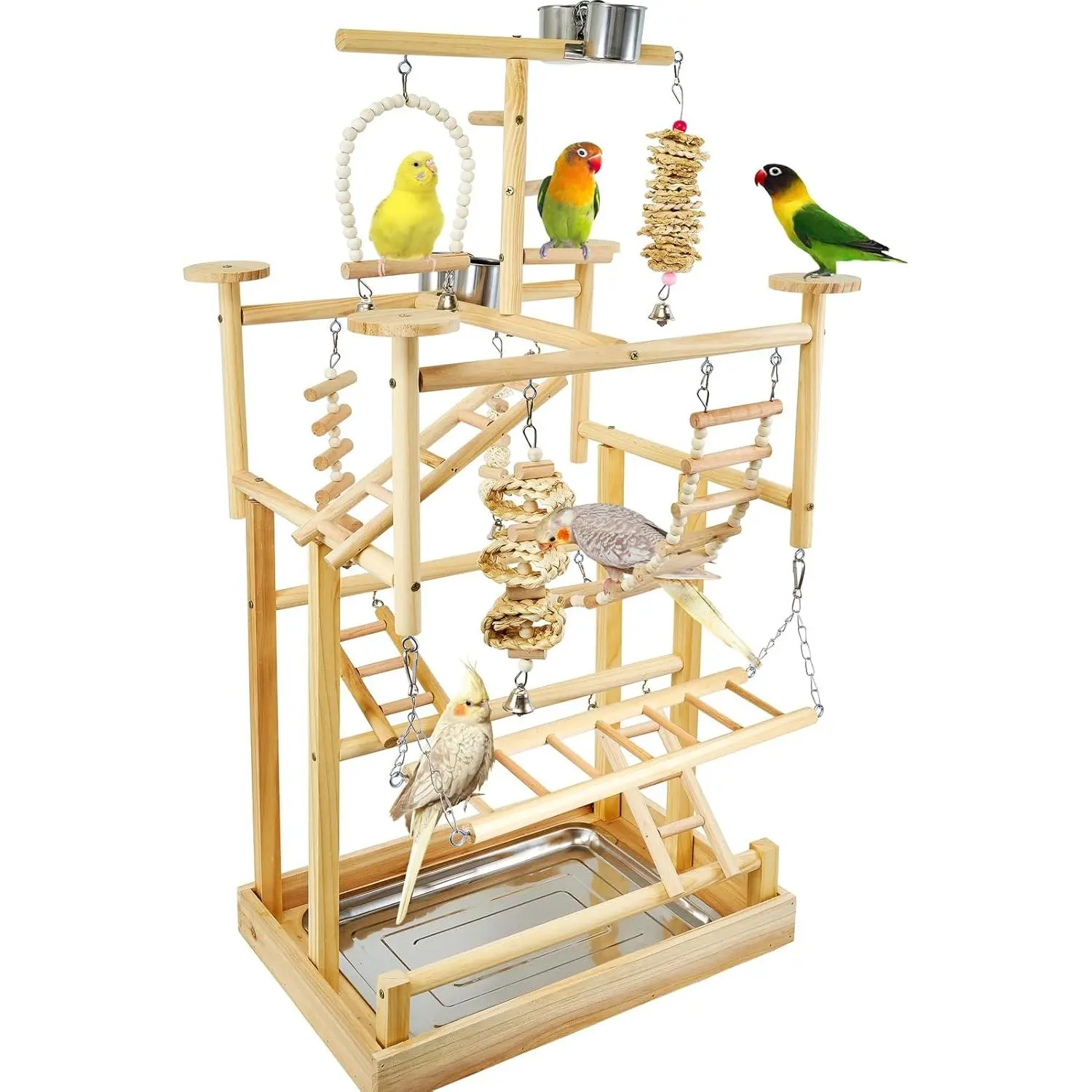 Bird Playground - Natural Wood Parrot Playstand, equipped with perches, bird exercise stand and accessories, removable tray and 4 stainless steel cups