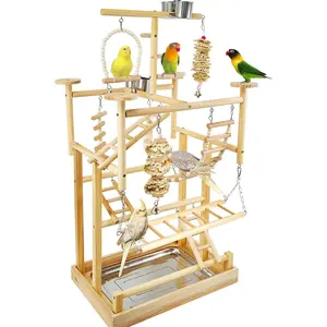Bird Playground - Natural Wood Parrot Playstand, equipped with perches, bird exercise stand and accessories, removable tray and 4 stainless steel cups