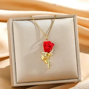 18K Gold Plated Flocking Red  Pendant  Inlaid Cubic Zirconia Dainty Cable Chain Romantic Velvet Flower Charm  for Women Valentine Anniversary Jewelry  、（） Elegant Bear