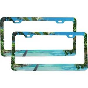 Palm Trees Clear Blue Sky Matte Aluminum License Plate Frame with Black Screw Caps, 2 pcs 2 Holes Black Licenses Plates Frames, Car Licenses Plate Covers Holders for Us Vehicles/Women/Men ﻿