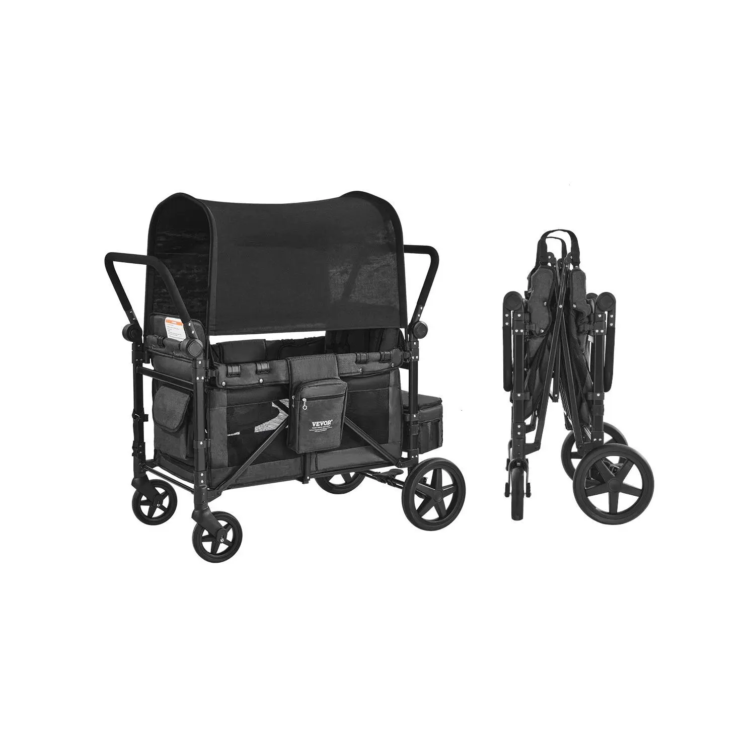 【Summerfinds】VEVOR Wagon Stroller for 4 Kids, Push Pull Quad Collapsible Stroller with Adjustable Handle, Safety Harness & Removable Canopy, 4-Seater Stroller Wagon for Camping, Dark Gray & Black (330LBS Loading) Travel System