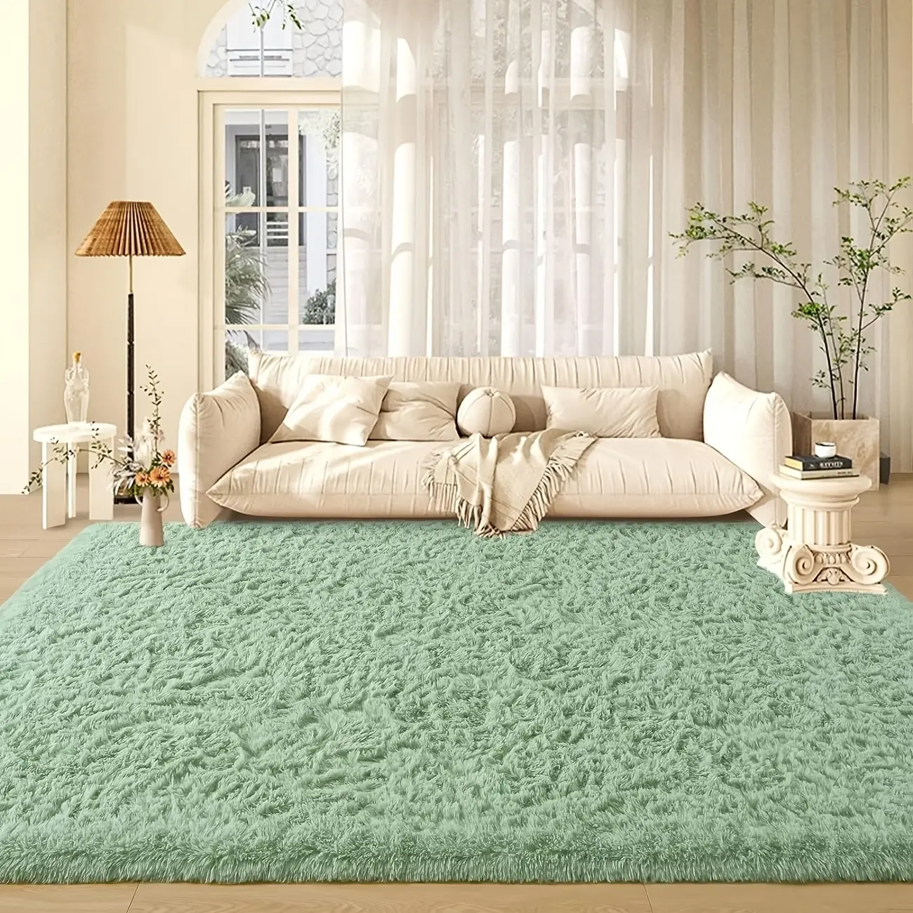 JAKOLIVE Mint Green Traditional Crochet Rectangle Area Rug - Non-Customised, Fade Resistant, Durable Extra Soft Fluffy Plush Rug for Living Room, Bedroom, Home Decoration & AC Summer Comfort, Ideal Christmas Gift for Family, Machine Washable Rug, Anti-Sli