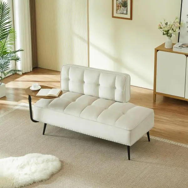 54" Modern Velvet Loveseat Sofa,2-Seater Small Couches with 360° Rotating Side Table,Comfy Plush Ottoman Bench with Backrest,Tufted End of Bed Bench for Living Room Bedroom Entryway (Beige)