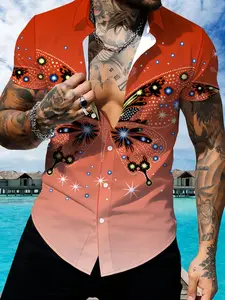 Orange Short Sleeve Shirt, Butterfly Pattern Print Sequin Decoration, Fashion Casual Top, Women's Summer Style, Menswear