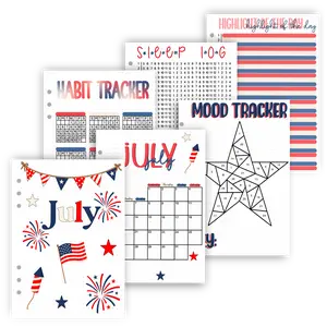 July 2026 Independence Day Monthly Planner Set with Calendar Mood & Habit Trackers Sleep Log and Highlight of the Day Pages