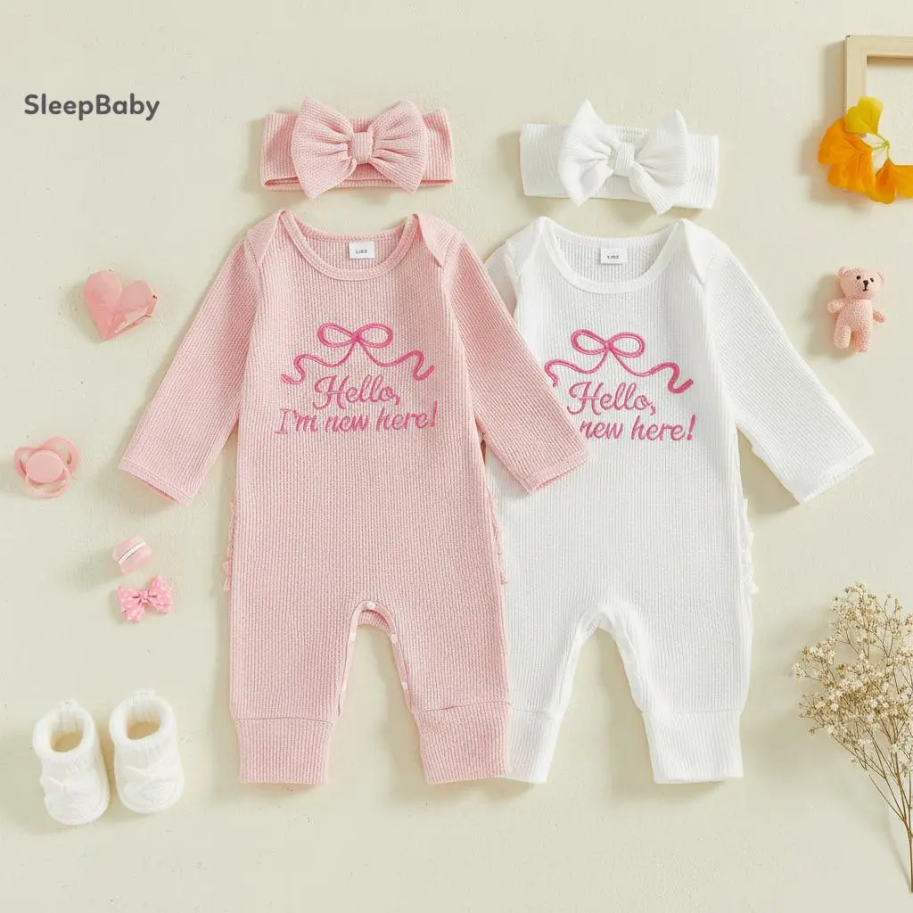 Baby Girls' Waffle Knit Clothing Set, 2-Piece Bow Embroidered Long Sleeve Romper with Headband, Newborn Cotton Blend Fall Outfit, Baby Girls Clothing, Newborn Outfits Girl