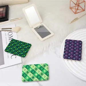 INS Series Easy to Carry Folding Full Leather Rectangular Mirror Mini Handheld Makeup Mirror Abi Small Fresh Style Clover Flower Pattern Suitable for daily birthdays, various scenes, Thanksgiving, souvenirs for sisters, friends, and family