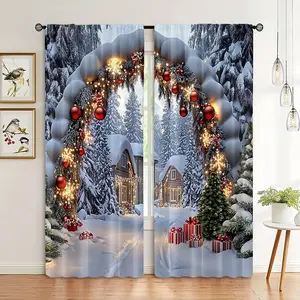 2-Piece set, Merry Christmas themed curtains with spherical and flower patterns, rod pocket design, suitable for living rooms, bedrooms, kitchens, cafes, home decoration, adding elegance and style, Christmas decoration, festive Window Curtain