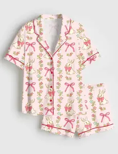 Easter Bunny Pajamas Women, Spring Rabbit Sleepwear, Pink Bow Floral Lounge Outfit