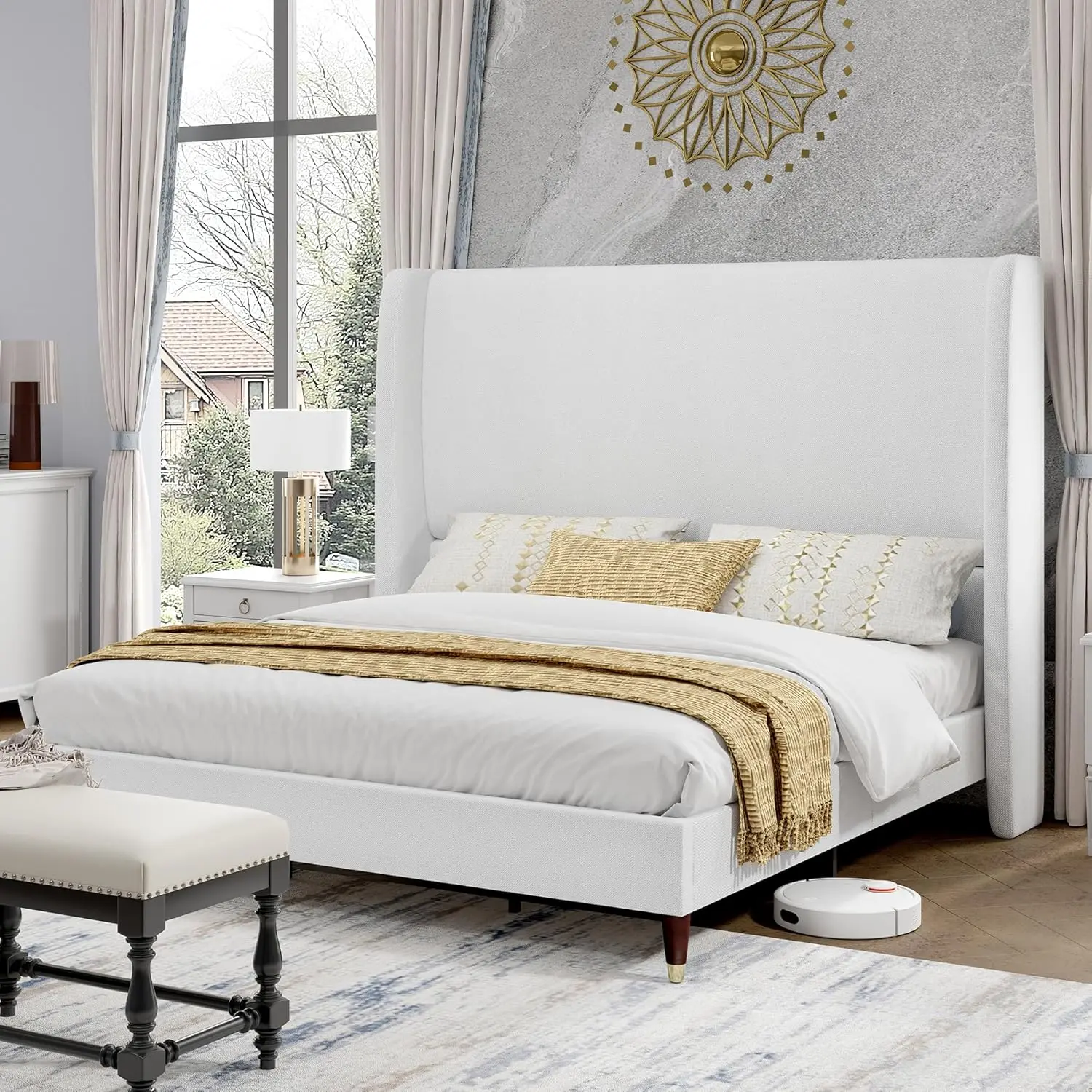 [Summerwins] [SummerFinds] AMERLIFE Platform Bed Frame with 51.2" Tall Headboard, Upholstered Bed with Wingback/Solid Wood Legs/Durability&Silent /No Box Spring Required, Furniture/Full/Queen/King/Bed with Reinforced Structure&Complete Hardware Kit