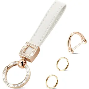 Leather Keychain, Creative Bling Car Key Chain with Anti-Lost D-Ring and 2 Key Ring, Keychain Wristlet, Car Accessories (White)