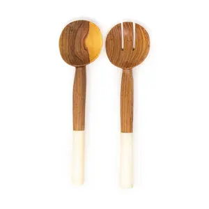 Global Crafts Olive Wood Salad Servers with Bone Handles