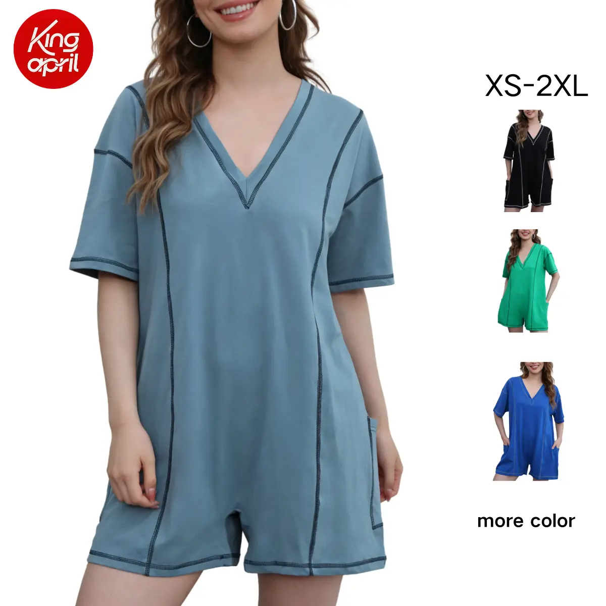 Kingapril Women’s Oversized Short Sleeve Romper Casual Athletic T Shirt Rompers Reversible Workout Overalls with Contrast Stitching and Pockets 2026 Summer New Arrival