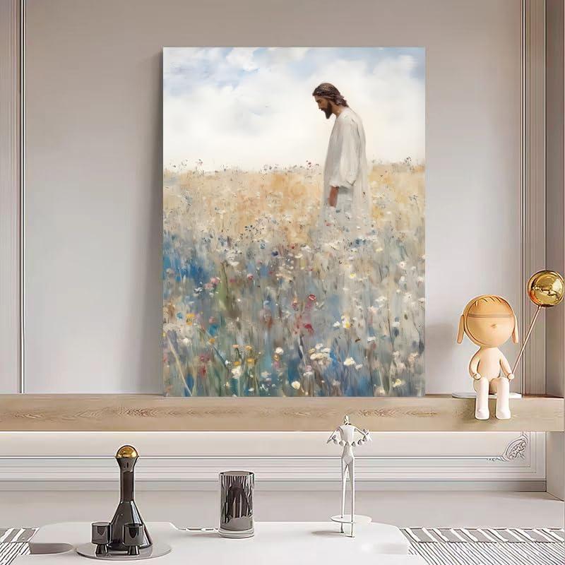 Framed Jesus Leaves the 99 Christian Canvas Wall Art Inspirational Painting of Jesus in Autumn Wildflowers Religious Faith Art Picture Print Christian Décor for Home Living Room and Church12x16in Decor Ornaments