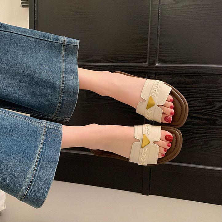 Women's Elegant Gold Triangle Accent Open Toe Mules - Comfortable Flat Sandals for Commuting & Summer Outings