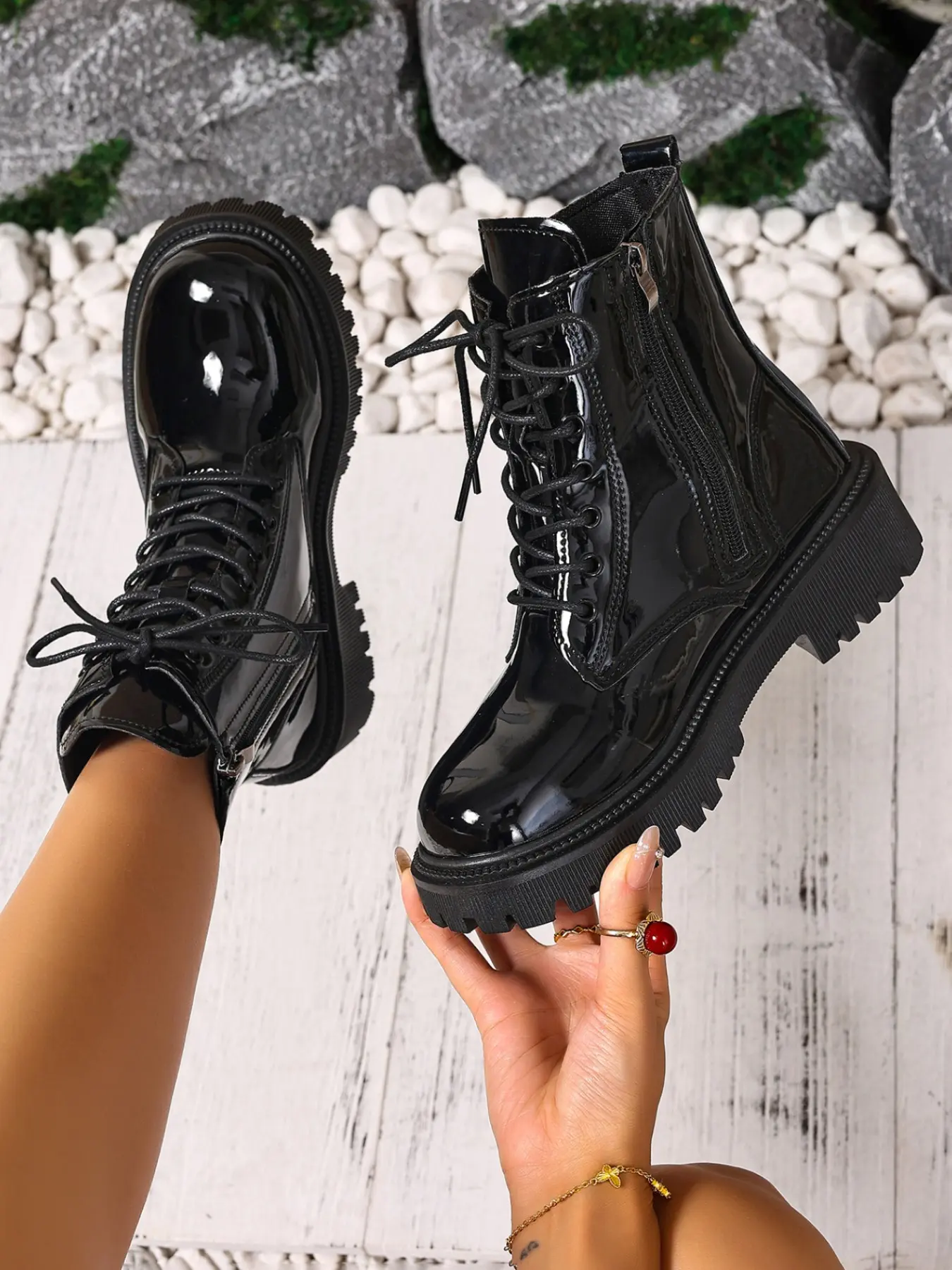 Women's Punk Gothic Zipper Motorcycle Boots, Lace-Up Design