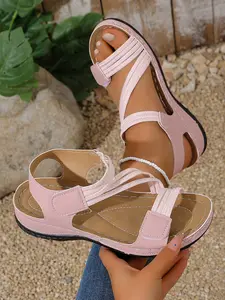 Summer New Women's Outdoor Comfort Thick Sole Sandals, Elastic Woven Strap, Magic Tape Fastening, Soft Non-Slip Bottom, Fashion Mom Shoes Thick Soled Sandals