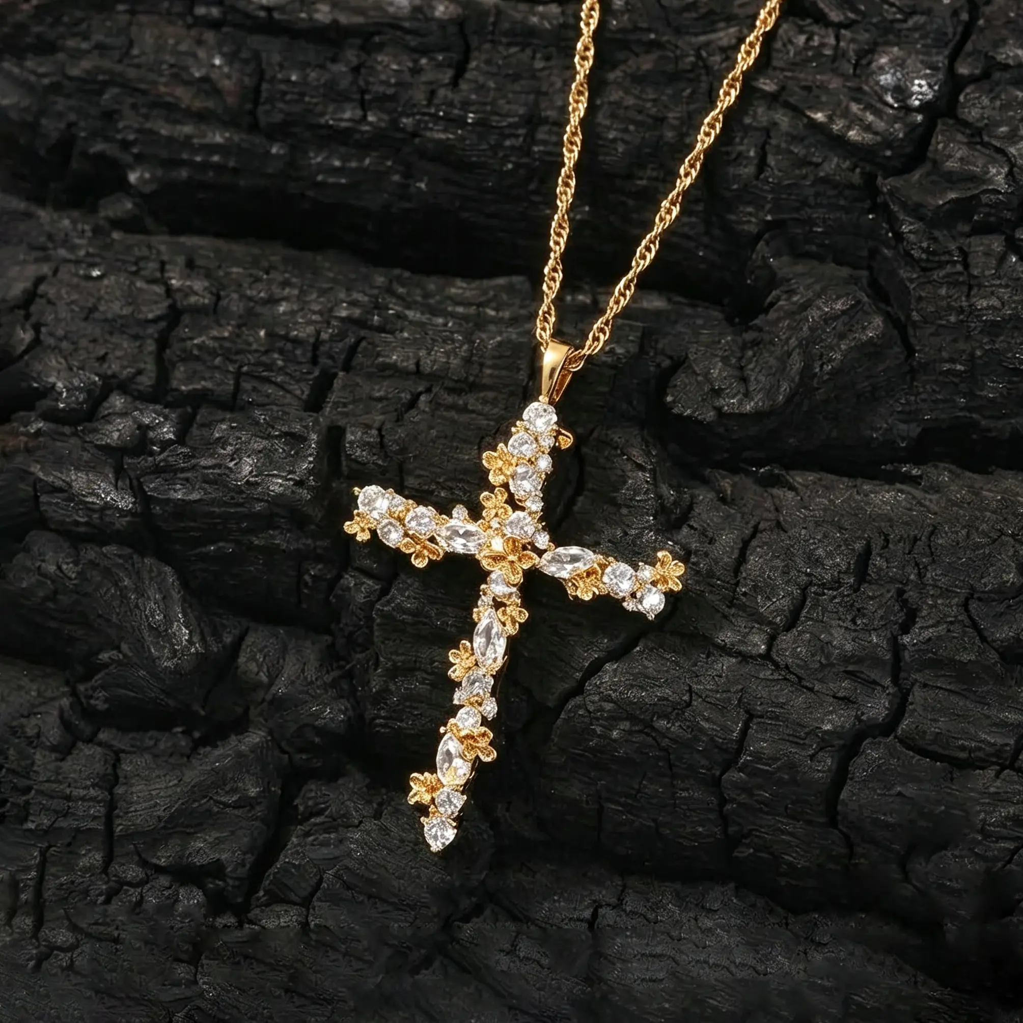 Flower Cross Necklace, 14K Gold Plated Cubic Zirconia Cross Pendant Necklace, Trendy Non Tarnish Faith Jewelry for Women Easter Christian Baptism Religious Gifts