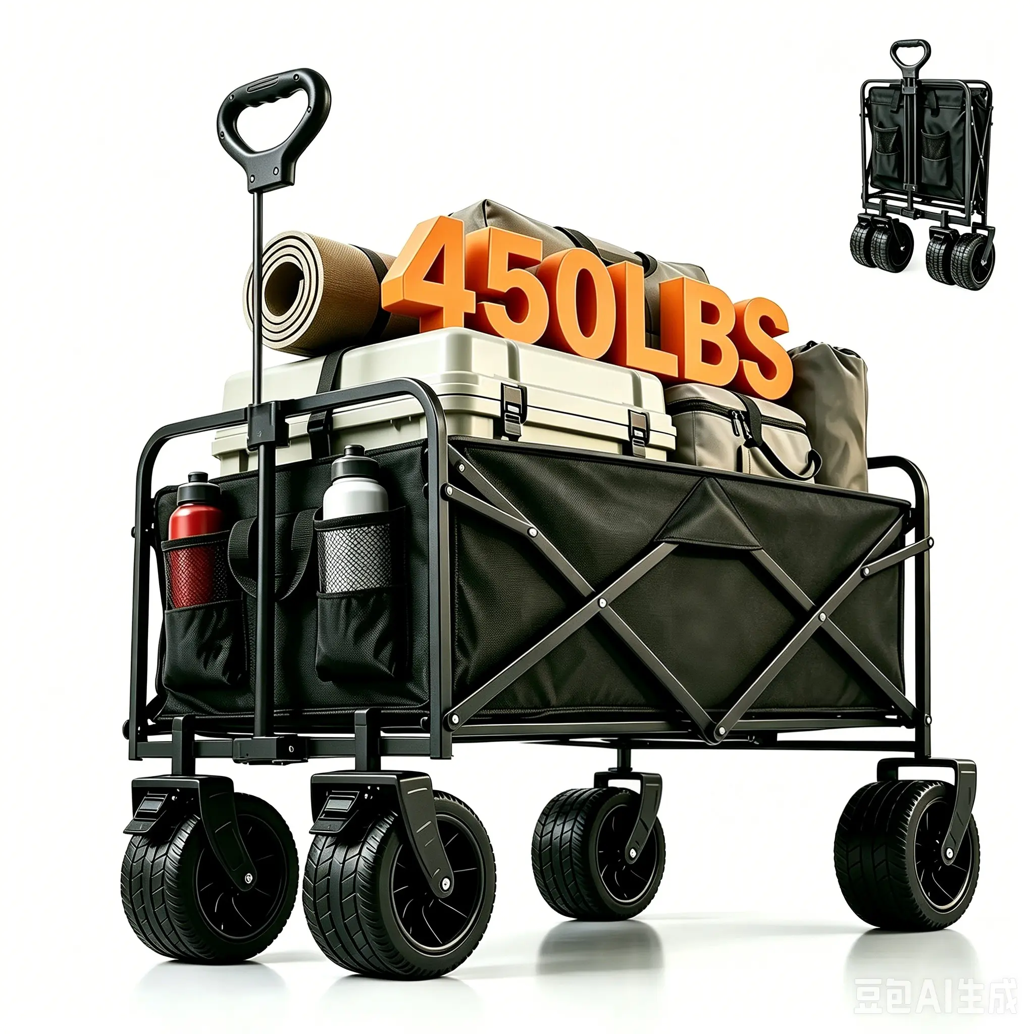 [ labor day ] Collapsible Wagon Cart with 450lbs Weight Capacity, Heavy Duty Foldable Wagon with Big All-Terrain Wheels & Drink Holders, Utility Carts for Camping, Garden, Outdoor, Grocery, Sports. Black trollies