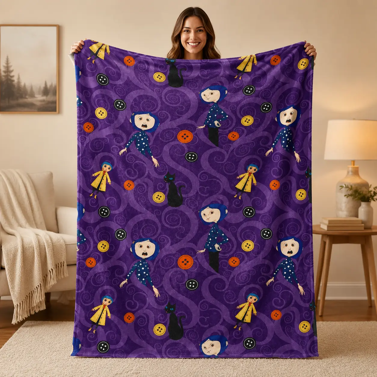 Purple Button Eye Fantasy Flannel Blanket, Spooky Girl Black Cat 280gsm Soft Cozy Throw for Couch Bed Bedroom, Gothic Cartoon Room Decor