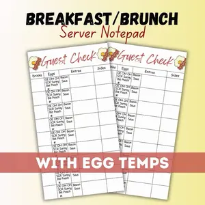 Breakfast/Brunch Guest Check Server Pad with Egg temperatures and bacon or sausage options to circle, premium server book for restaurants