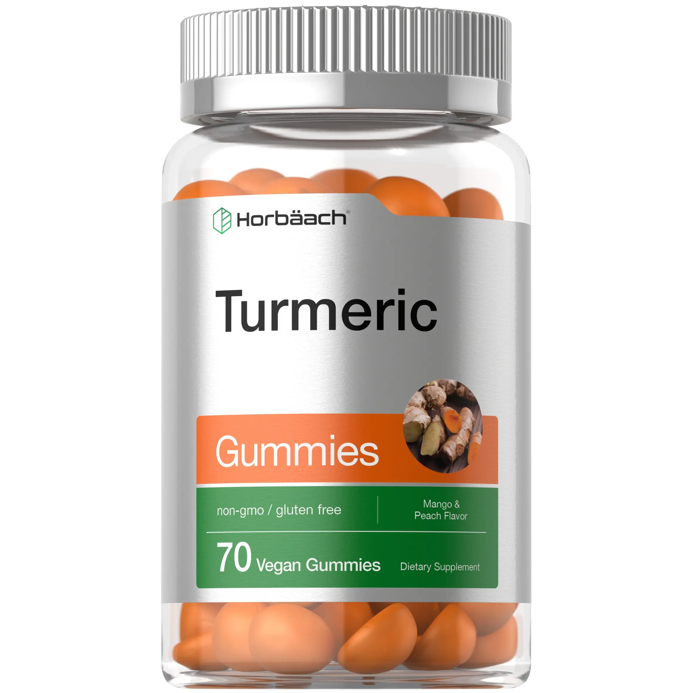 Horbäach Turmeric Gummies | 70 Count | Mango & Peach Flavor | Turmeric Curcumin with Ginger | Vegan Non-GMO & Gluten Free Supplement