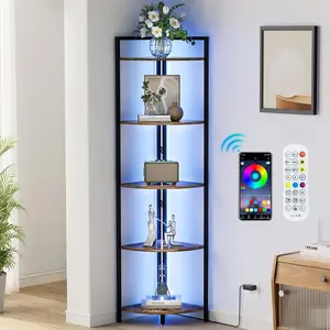 Rustic Tall Corner Shelf with Led Light, 5 Tier Modern Corner Bookshelf for Living Room, Dark Wood and Metal Corner Shelving Unit for Office, Bedroom, Kitchen (Rustic Brown)
