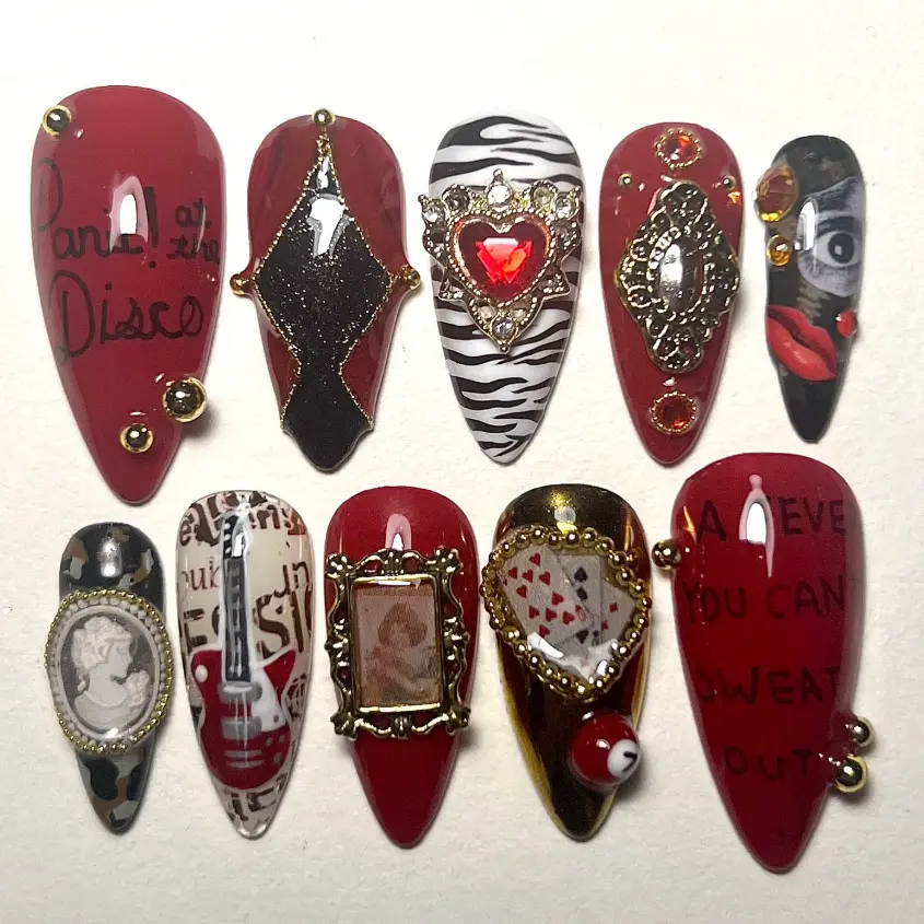 Panic At The Disco Nails, Red Black Gold Gothic Nail Art Set, Vintage Frame Heart Cards Guitar Design, Punk Rock Baroque Press On Nails, Y2K Style